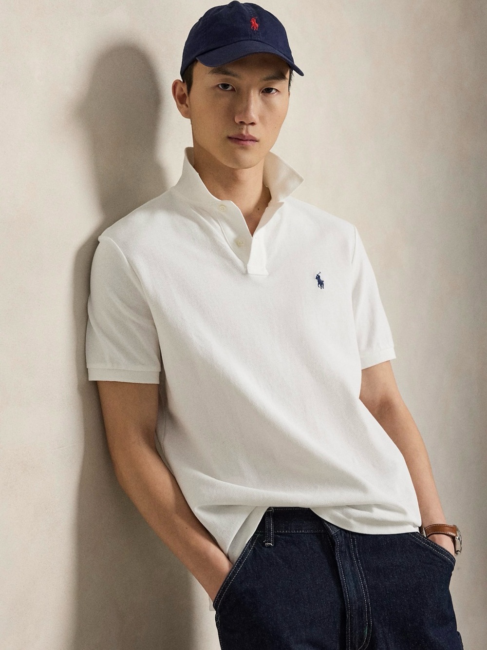 Polo by Ralph Lauren Custom Slim Fit White Short-Sleeve Polo with Navy Pony